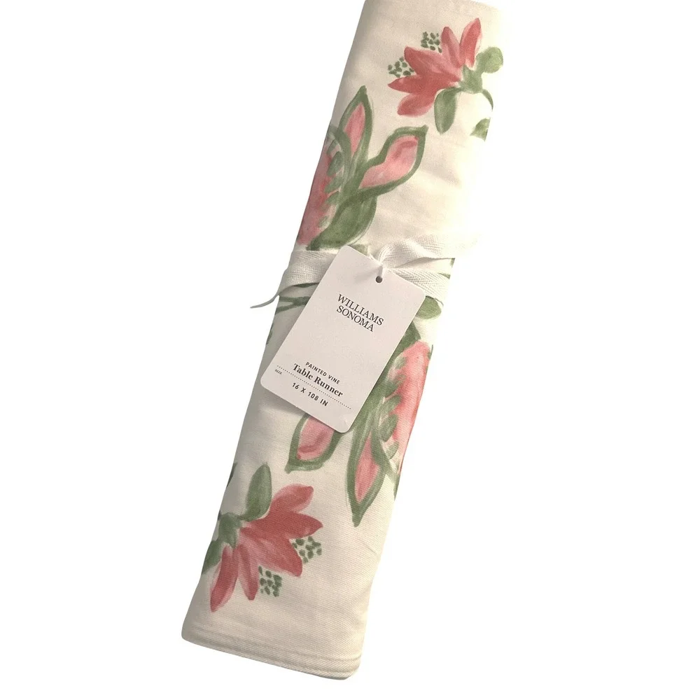 Williams Sonoma Pink Green Painted Vine Floral Table Runner 16x108 New!